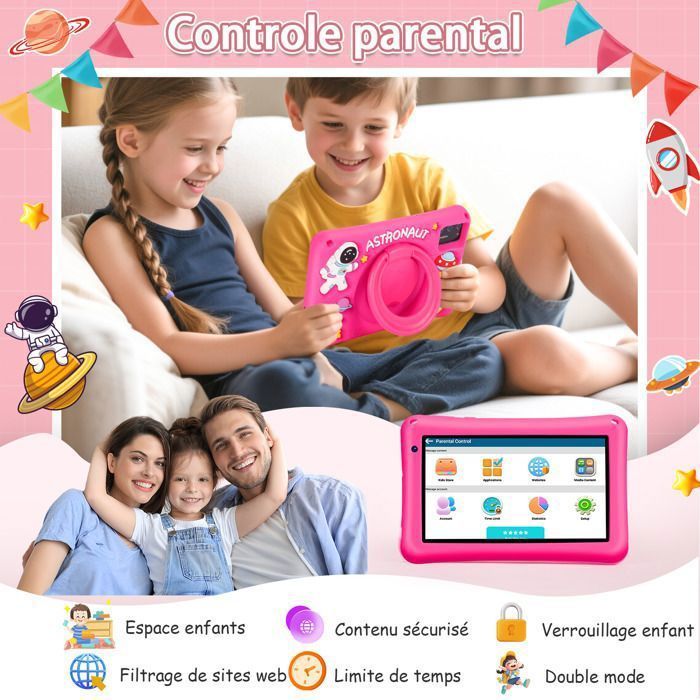 Tablette Enfants 7 Pouces,Android 13,8GB RAM 64GB ROM,Octa-Core,5800mAH,Contrôle Parental,avec Kid-Proof Étui-Rosa
