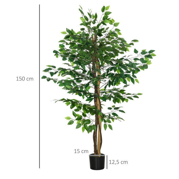 Conjunto de 2 plantas artificiales - ficus, 1,50 m de altura - tronco, ramas, enredaderas, líquenes y hojas realistas, maceta incluida, verde