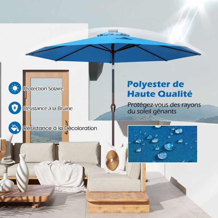 Parasol de Jardin Déporté Inclinable COSTWAY - 24 Lumières LED - Dia.3x2,5M - Structure en Métal Robuste - Anti-UV - Bleu