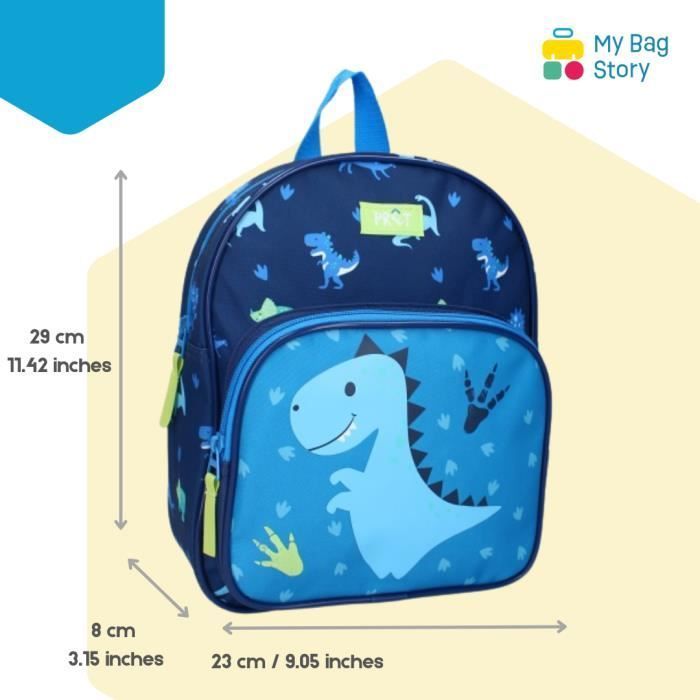 mybagstory - Sac à dos – Prêt – Dinosaure  - Bleu - Enfant - Ecole - Maternelle - Garderie - Crèche - Taille 29 cm - Idée Cadeau
