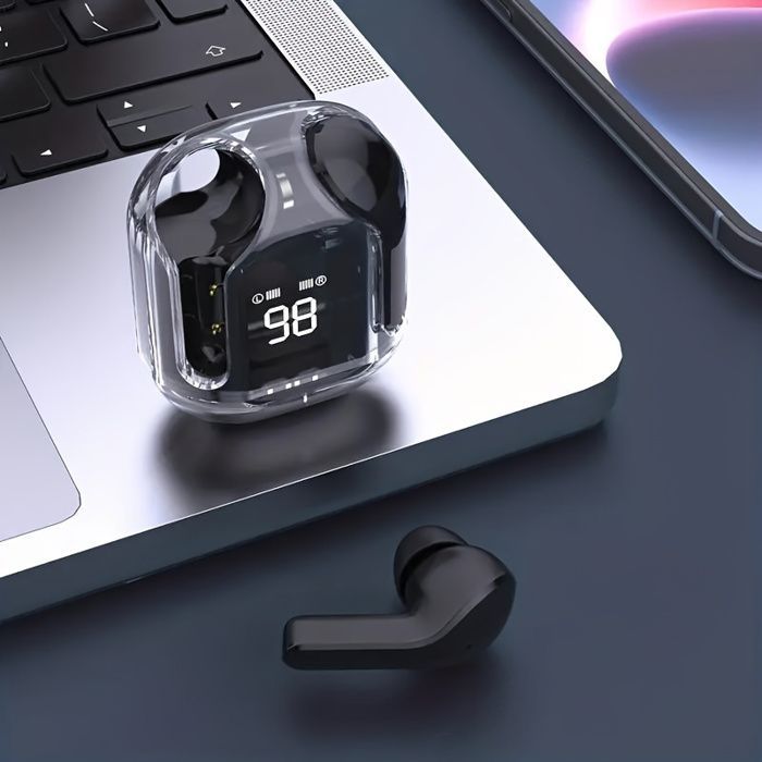 Auriculares inalámbricos transparentes y elegantes con cancelación de ruido, compatibles con todos los teléfonos móviles - color negro.