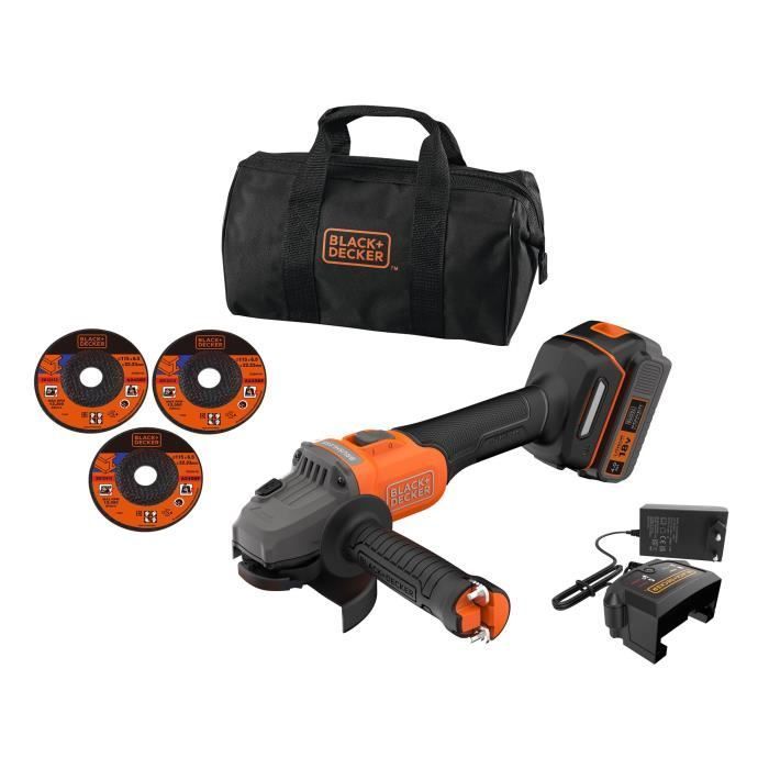 Amoladora angular inalámbrica + batería de 4 Ah + cargador - BLACK&DECKER - BCG6L8F1S-QW - Sin escobillas - 18 V - 115 m - Con 3 discos y bolsa de transporte