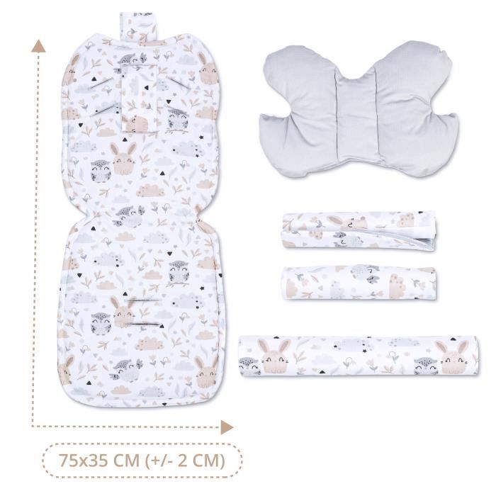Stroller seat cushion 75 x 35 cm - child universal breathable set with harness protection, Grey Velvet