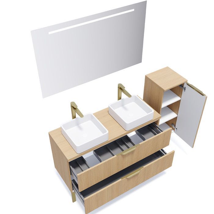 Mueble de baño suspendido HOMIFAB Venice de 120 cm con doble lavabo, acabado en roble estriado.
