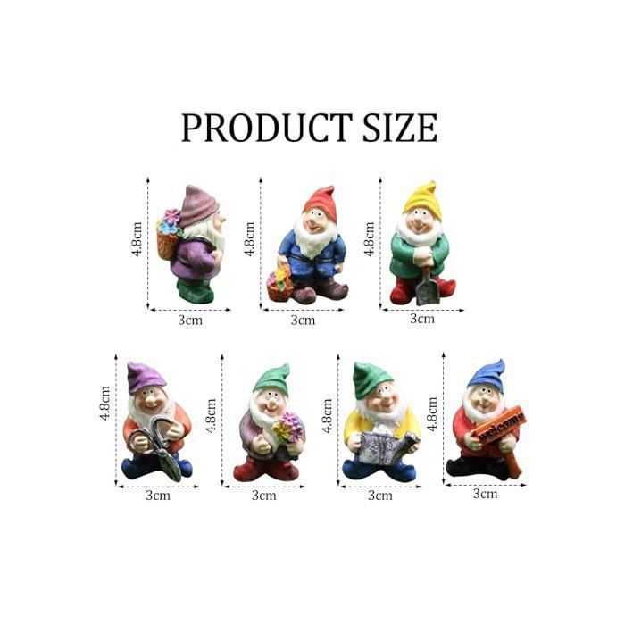 Set di 7 gnomi da giardino, statuette di gnomi fatati in miniatura, simpatici ornamenti a forma di gnomo per la decorazione di tavoli e giardini.