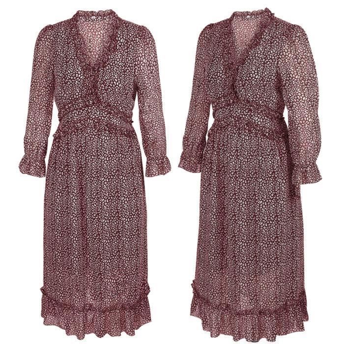 Vestido floral para mujer, vestido de playa sexy con escote en V, elegante vestido bohemio de manga tres cuartos - Rojo