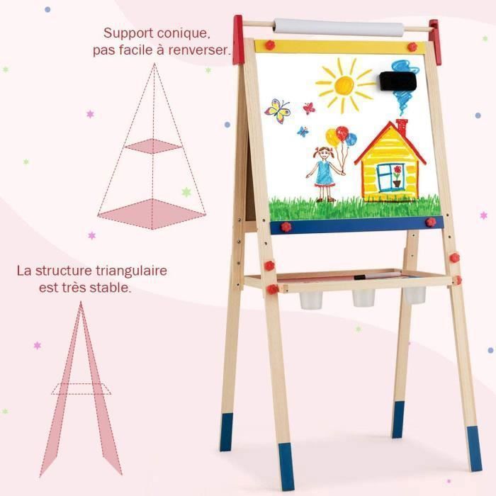 3 en 1 Chevalet pour Enfants en Bois de Pin, Tableau Magnétique en Double Face, 3 Hauteurs Disponibles