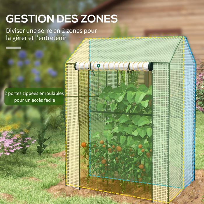 Garden greenhouse - Outsunny - Reinforced PE tarpaulin 135 g/m² - 2 zipped doors (interior/exterior) - steel frame - 100x80x150cm - white