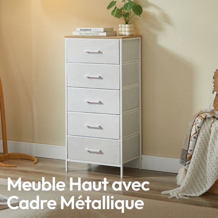 CASABEL Commode haute 5 tiroirs en tissu rigide, métal blanc et bois 45x30x94 cm, idéale pour chambre, salon ou entrée