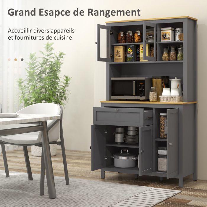 Mobile da cucina HOMCOM con 3 ante, cassetto, nicchie, sistema di gestione cavi, ripiani regolabili e ante in vetro, grigio.