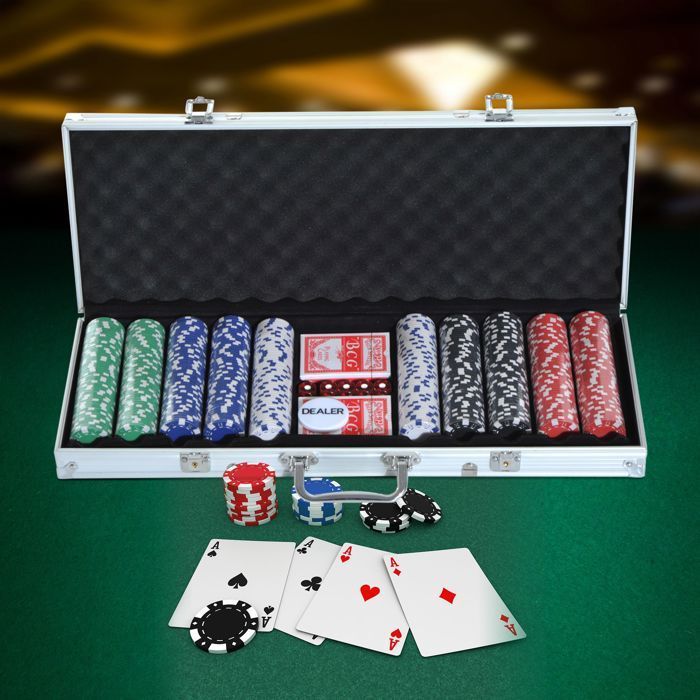 Mallette de poker coffret complet - HOMCOM - 500 jetons 2 jeux de cartes 5 dés bouton dealer 2 clés - aluminium - argent