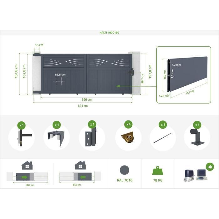 Conjunto de puerta corredera y puerta peatonal - Casanoov - HALTI - 4 m de altura / Puerta peatonal de 1 m de altura - Aluminio - Gris antracita