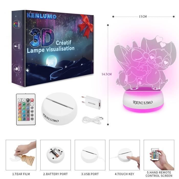KENLUMO Veilleuse Stitch Lampe de nuit Noël Enfant Cadeau Stitch Angel Lampe de chevet télécommande Touchez pour changer de couleur