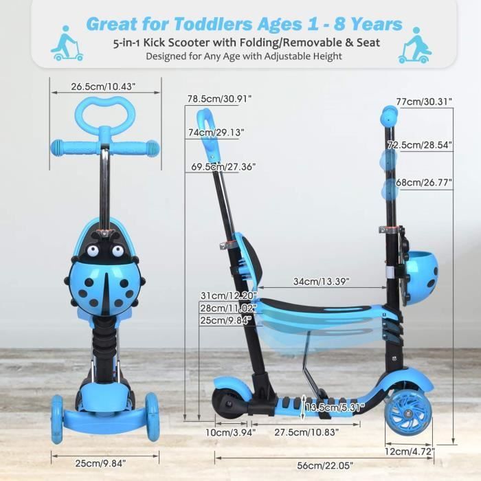 5-in-1 Blue Children's Scooter with Adjustable Removable Seat and Push Handle; Lightweight Scooter with Light-Up Wheels