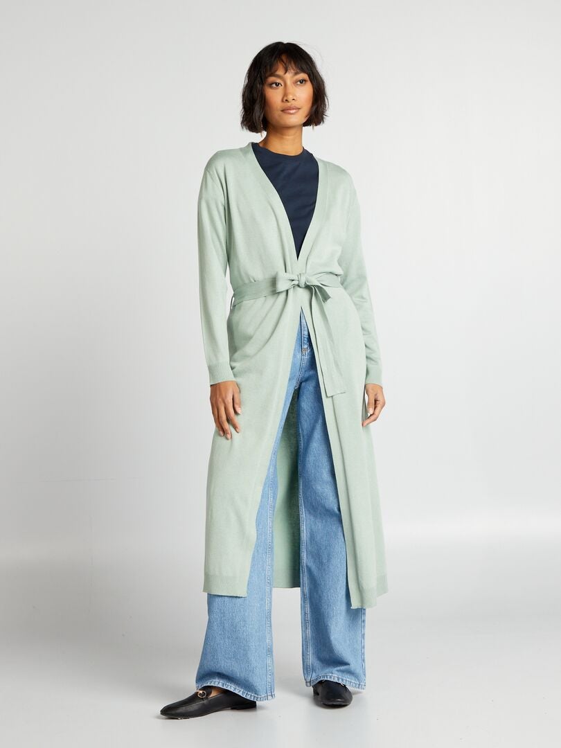 Extra lange cardigan met ceintuur - GROEN