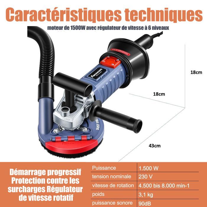 Concrete sander - FANZWORK - HG0007-2 - 1500 W - 2 x 125mm diamond grinding wheels - adjustable speed