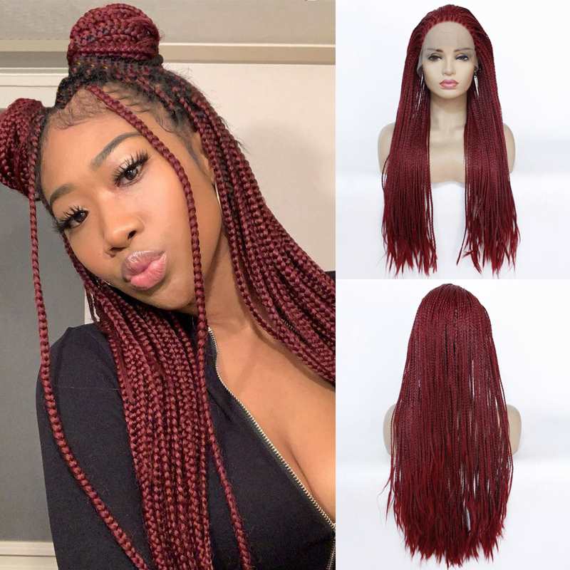 Pelucas de trenzas sintéticas con encaje frontal de color para mujer, con efecto degradado marrón, de fibra de alta resistencia.