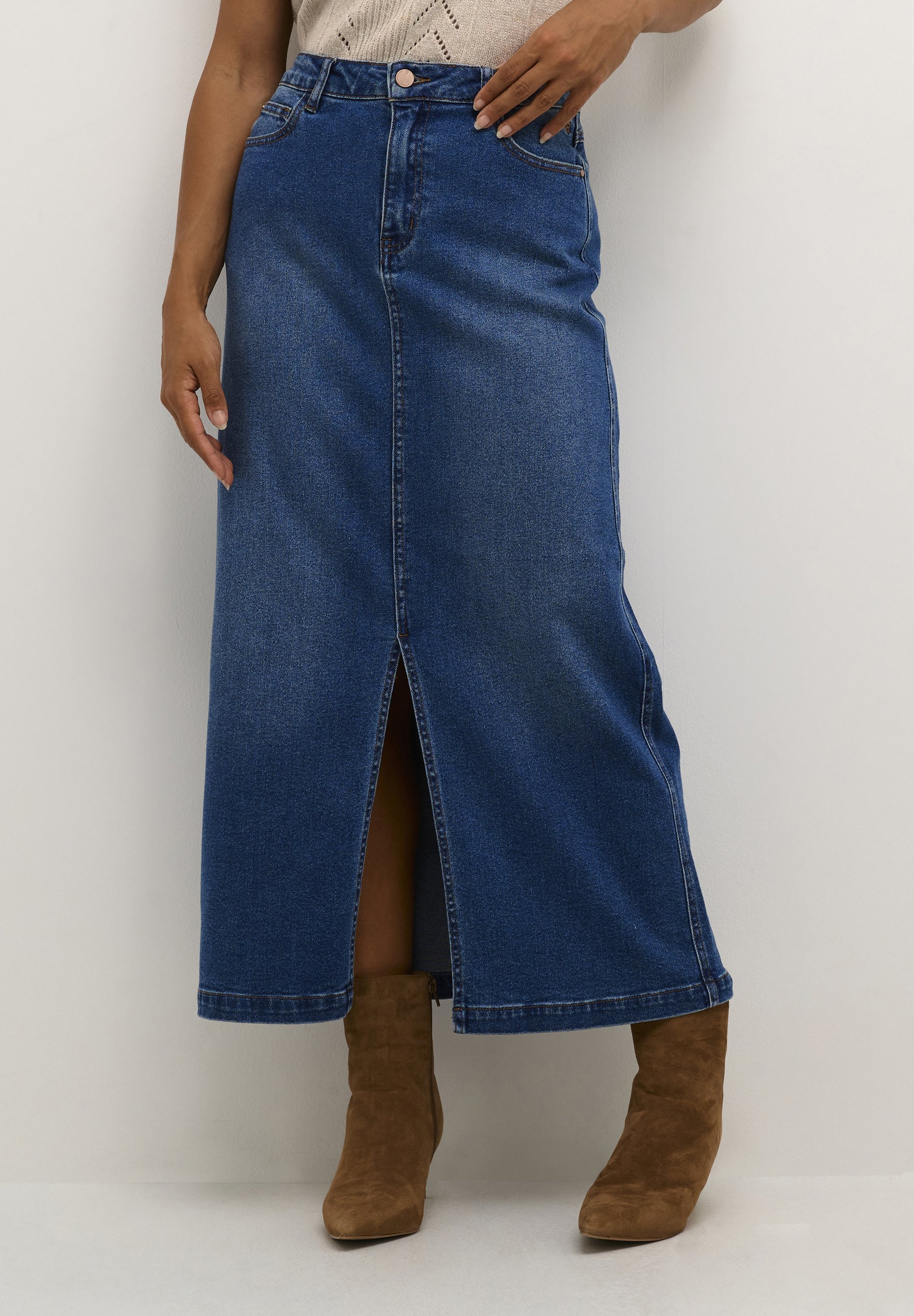 Jupe trapèze crème EBBA - denim bleu moyen Reno