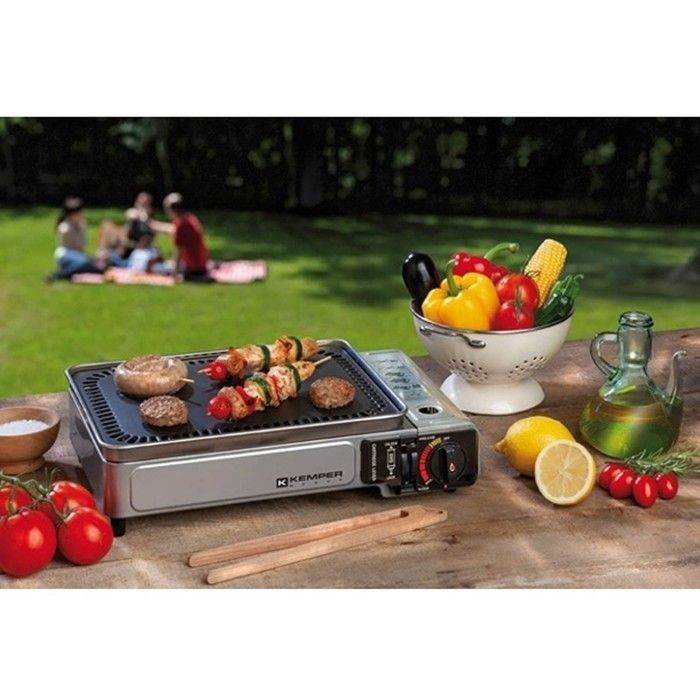 Plancha de gas portátil KEMPER de 2300 W + 8 cartuchos de gas + estuche de transporte para cocinar al aire libre, acampar, en el patio y hacer barbacoas.