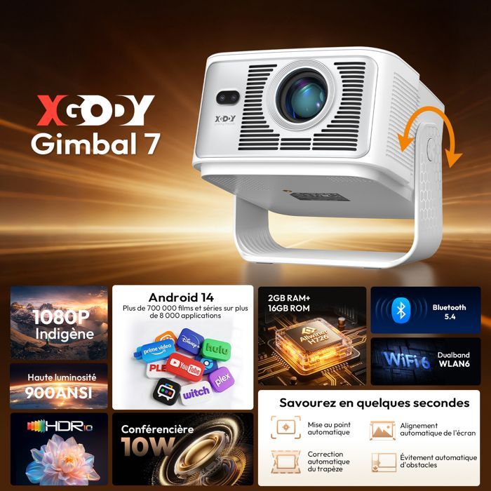 Projetor de vídeo com suporte para 8K, Android 14, foco automático/correção trapezoidal, 900ANSI, WiFi 6, Bluetooth 5.4, 1080p nativo FHD, HDMI/USB.