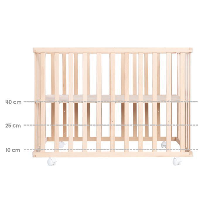 Parque infantil ROBA de 100 x 100 cm con móvil de madera maciza + protector de parque infantil gris estrellado - Altura regulable - Natural