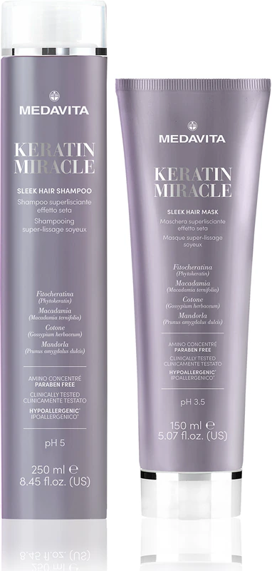kit Medavita Keratin Miracle suaviza e nutre cabelos rebeldes.