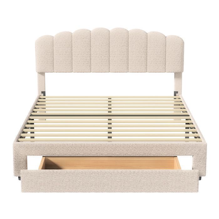 Lit 160 x 200 cm avec tête de lit et sommier, lit 2 Personnes avec tiroirs et ports USB, cadre de lit 160x200, velours teddy, beige