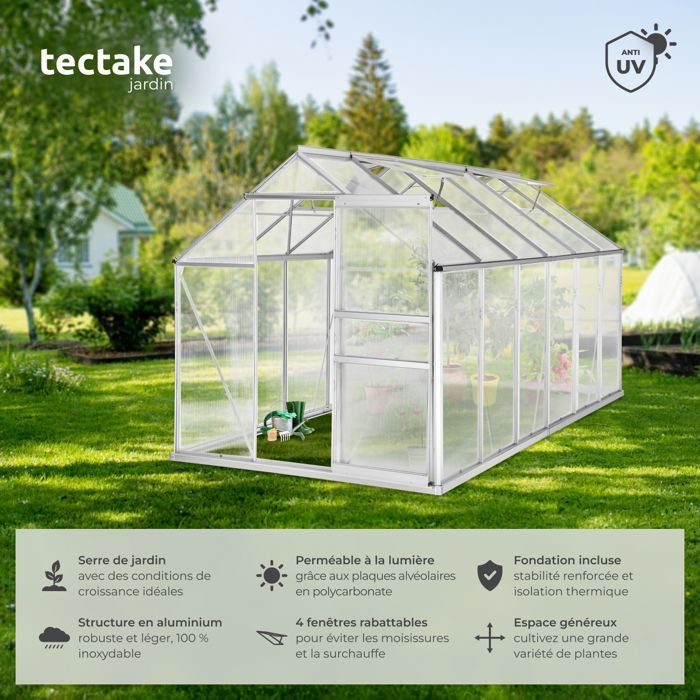 Estufa de jardim - TECTAKE - Estufa externa em policarbonato, área de 11,13 m³, porta de correr, 185 x 375 x 195 cm com fundação