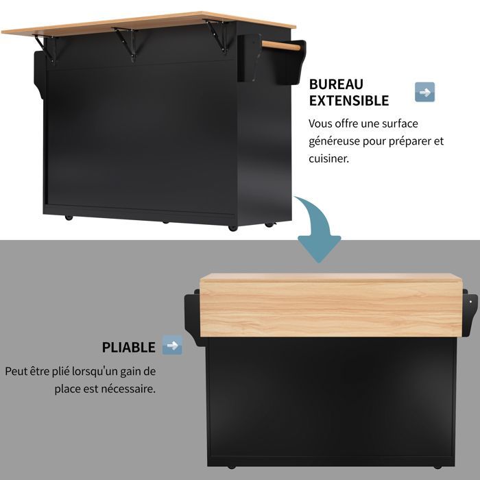 Desserte de Cuisine Mobile - Îlot avec Plateau Rabattable - Buffet de Rangement - 4 Roulettes - 2 Grands Tiroirs