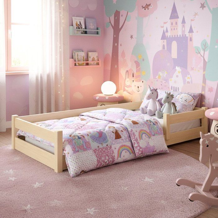Letto basso per bambini NORDI 60x120 cm – Legno naturale, struttura bassa, sponde di sicurezza