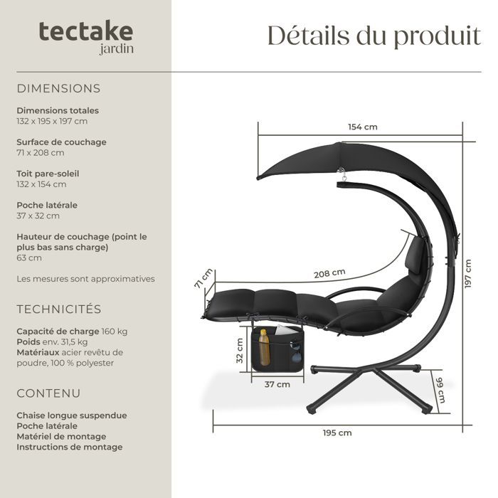 Silla colgante - TECTAKE - Asiento ELARIA con protección UV y bolsillo lateral resistente - Negro