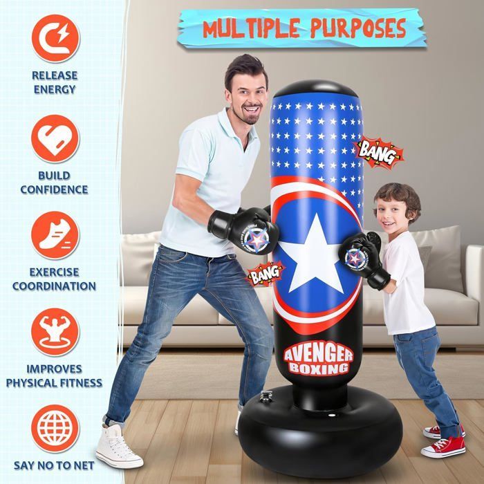 Saco de boxeo infantil, pelota de boxeo de 168 cm con guantes de boxeo y bomba para niños, saco de boxeo inflable estable para entrenamiento.