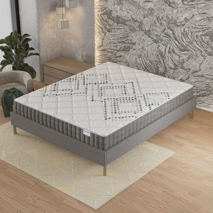Colchón y base de cama (140x200cm) - Muelles ensacados Eliha y espuma de alta densidad de 20 cm de grosor + Base de cama de madera estable, Tela gris