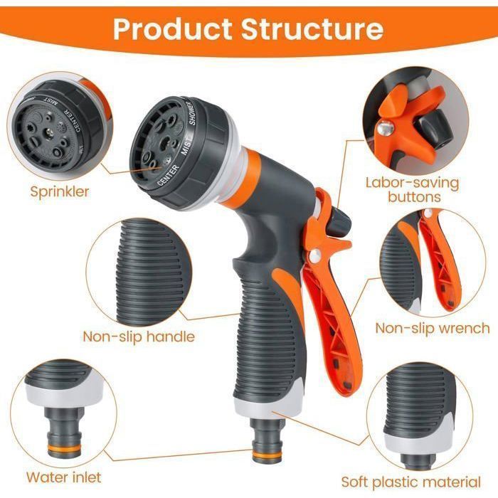 Gieter met 8 sproeistanden en 4 aansluitingen, voor autowassen, tuinieren, enz., 11*12*5,2 cm, oranje en zwart