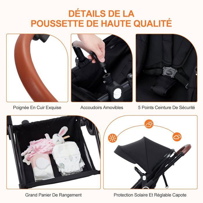 Cochecito 2 en 1, cochecito plegable compacto y ligero con asiento reclinable, cochecito cómodo para bebés de 0 a 3 años, negro.