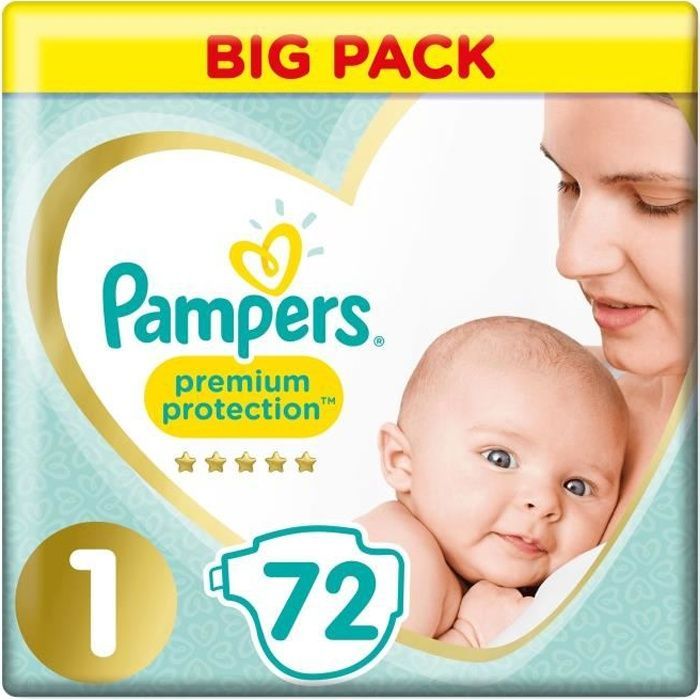 PAMPERS Premium Protection New Baby Taille 1, 2 à 5 kg - 72 Couches - Jumbo Pack