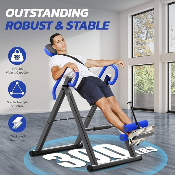 DRIPEX Banc d'inversion réglable Pliable avec Triple Verrouillage,Entraîneur de Gravité avec Ceinture de Sécurité Bleu
