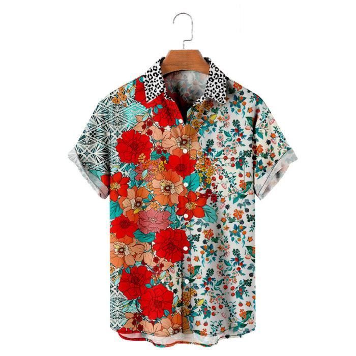 Camisa hawaiana para hombre - Tallas grandes - Estampado floral digital 3D - Manga corta - Azul-Blanco