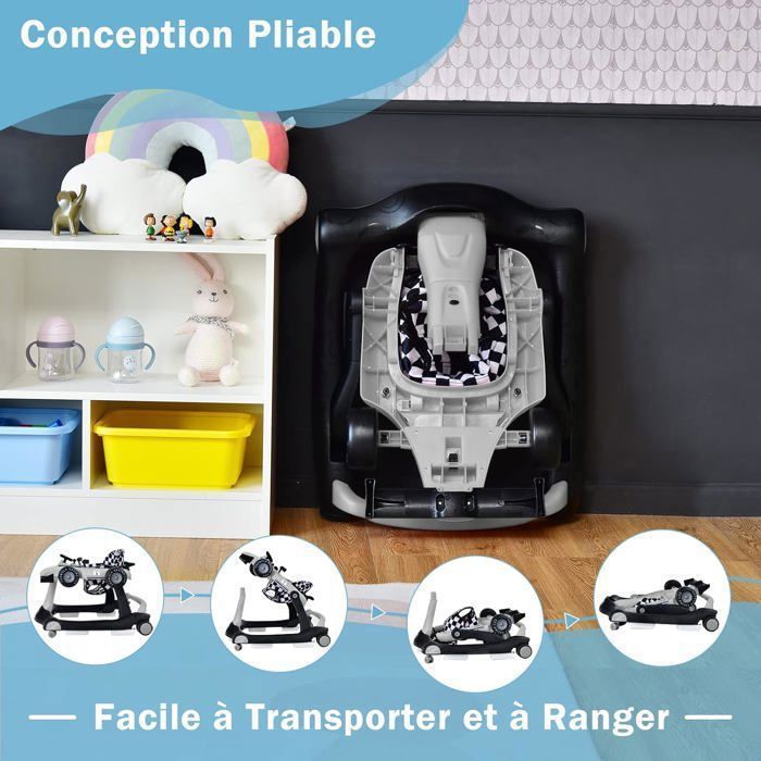 Andador plegable 4 en 1 para bebés COSTWAY - Altura y velocidad ajustables - Caja de música con luz - De 6 a 18 meses - Ruedas silenciosas - Negro/Gris
