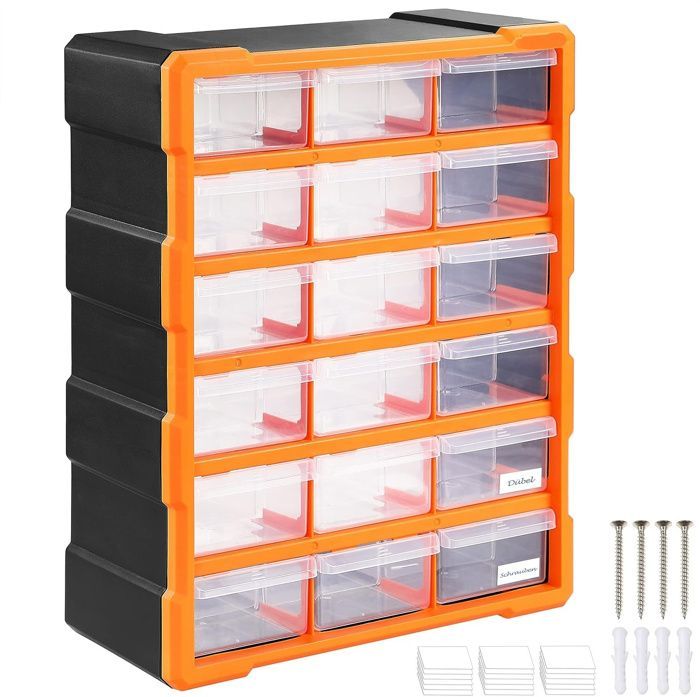 Caja de herramientas de plástico con 18 compartimentos extraíbles. Estante para tornillos.