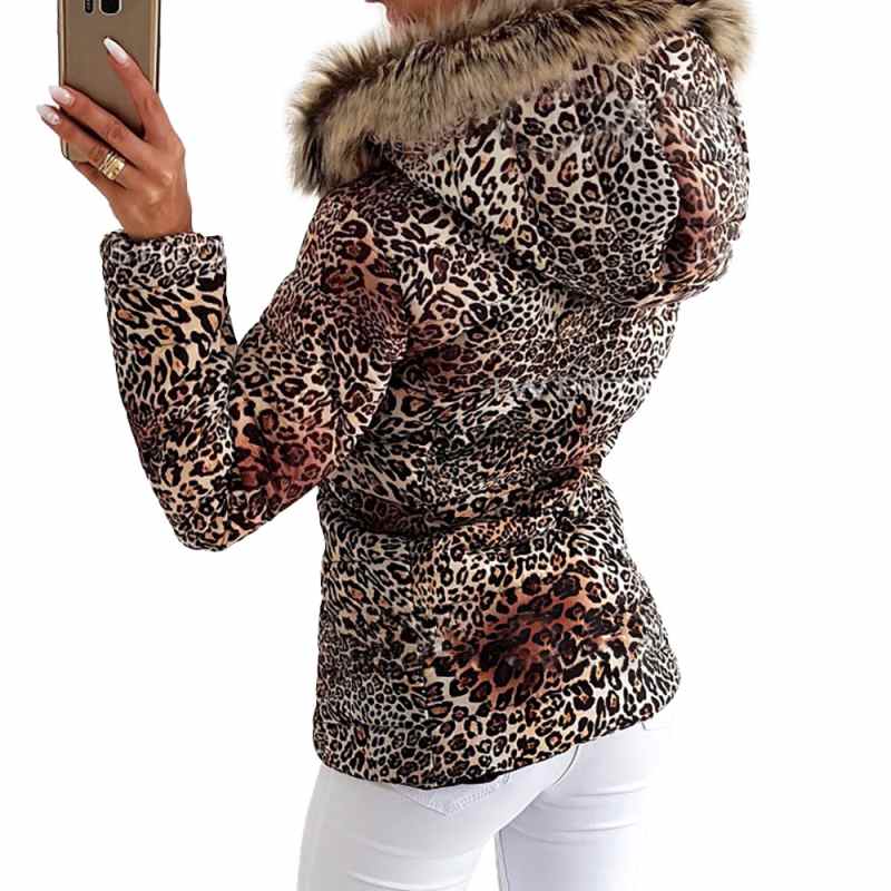 Winter Leopard Print Fur Hooded Women Thermal Zipper Coat Long Sleeve Casual Fashion Jacket Slim Fit Warm Thick Female Outwear