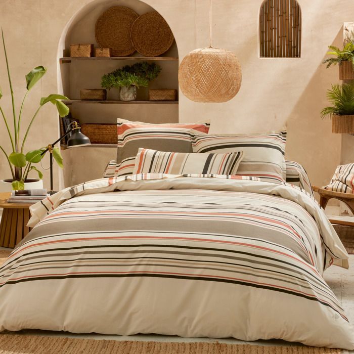 HUGO Baumwoll-Spannbettlaken, beige/koralle, 240 x 310 cm