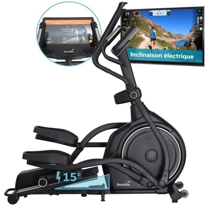 Vélo elliptique connecté - Skandika Carbon P30-S Touchscreen - Inertie 30kg - inclinaison réglable - app préinstallées