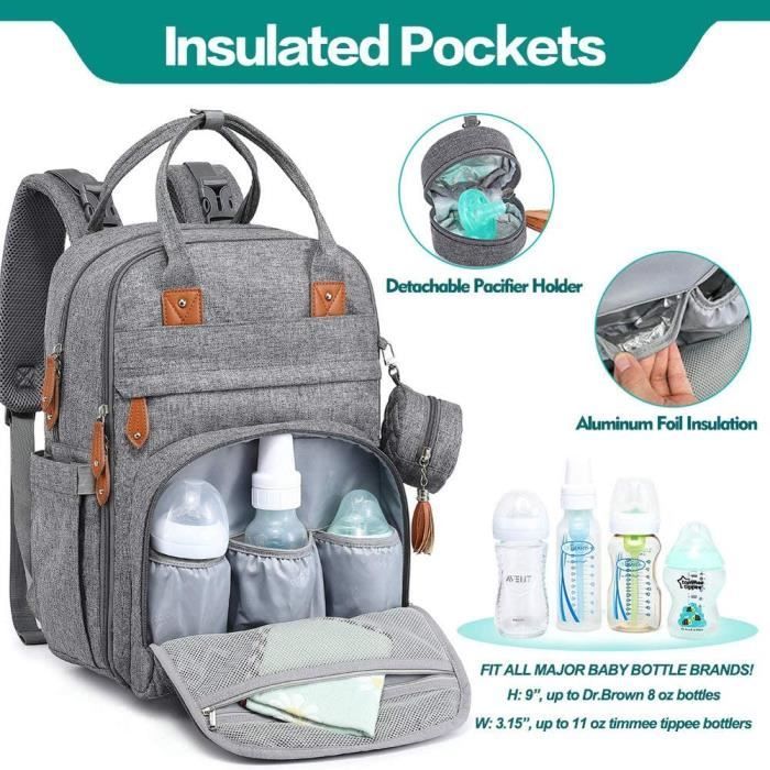 Mochila cambiador BabbleRoo - Gran capacidad - Impermeable - Gris - 0 meses - Recién nacido