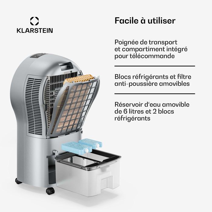 Ventilador enfriador de aire Klarstein Whirlwind - 320 m³/h - 6 l - 30 m² - 3 modos - Control remoto - Temporizador de 8 horas
