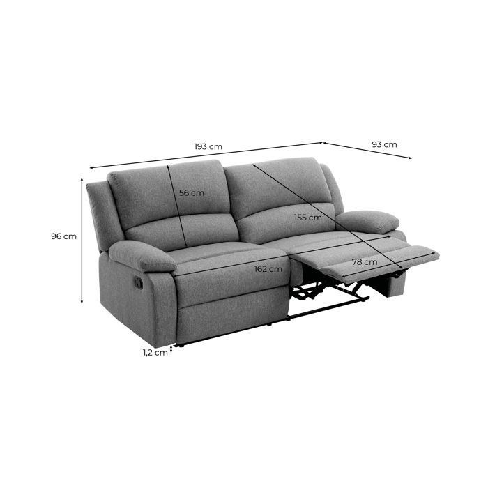 Canapé relax manuel 3 places avec 2 assises XXL LEO en tissu - Gris clair - L193 x P93 x H96cm - LOUNGITUDE