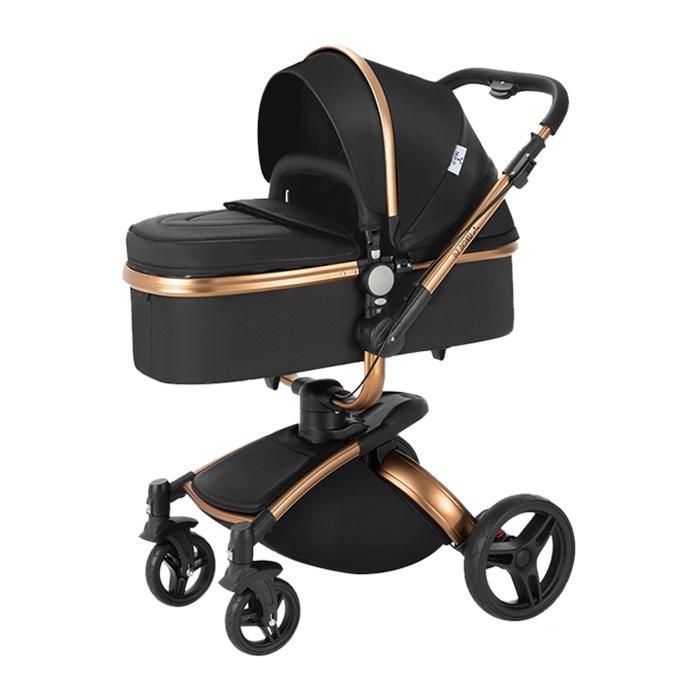 Magic ZC 3-in-1 Kinderwagen, Reisesystem, automatischer Faltmechanismus, PU-Leder, 360°-Drehung, mit großem Korb, Schwarz