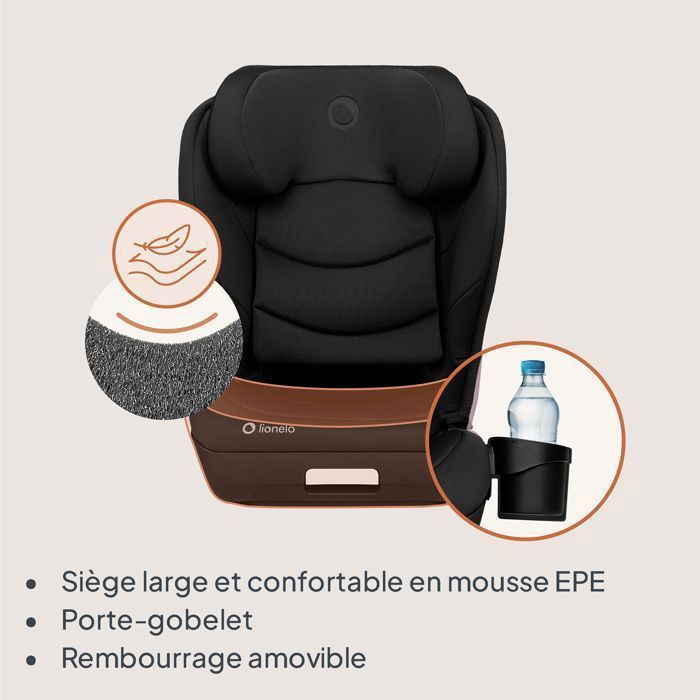 Silla de coche LIONELO Neal i-Size 100-150cm - ISOFIX - Portavasos - Asiento ancho - Reclinable - Grupo 2/3 - Negra