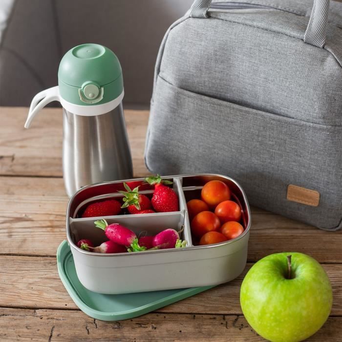 BEABA, portapranzo per bambini in acciaio inox con coperchio in silicone e copertura protettiva, grigio velluto e verde salvia