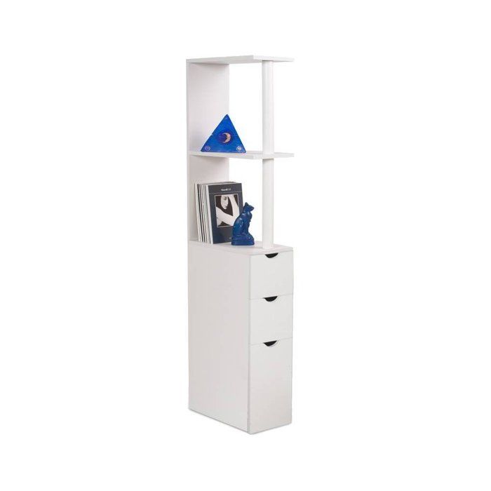 Smalle toilet-/badkamerkast van 15,2 cm, 136 cm hoge kolom van wit melaminehout - 3 planken + kast + 2 lades